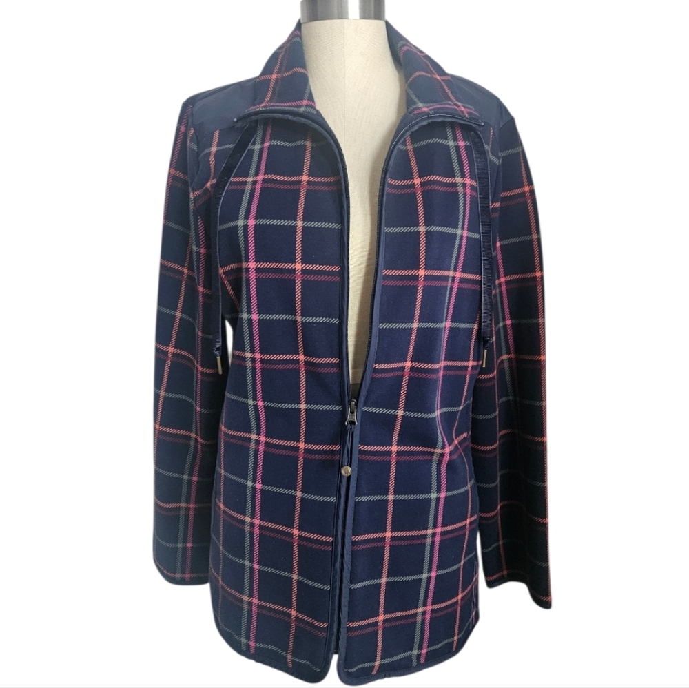 TALBOTS Pink & Green Tattersall Plaid Navy Fleece Field Jacket | SZ L - Picture 6 of 16